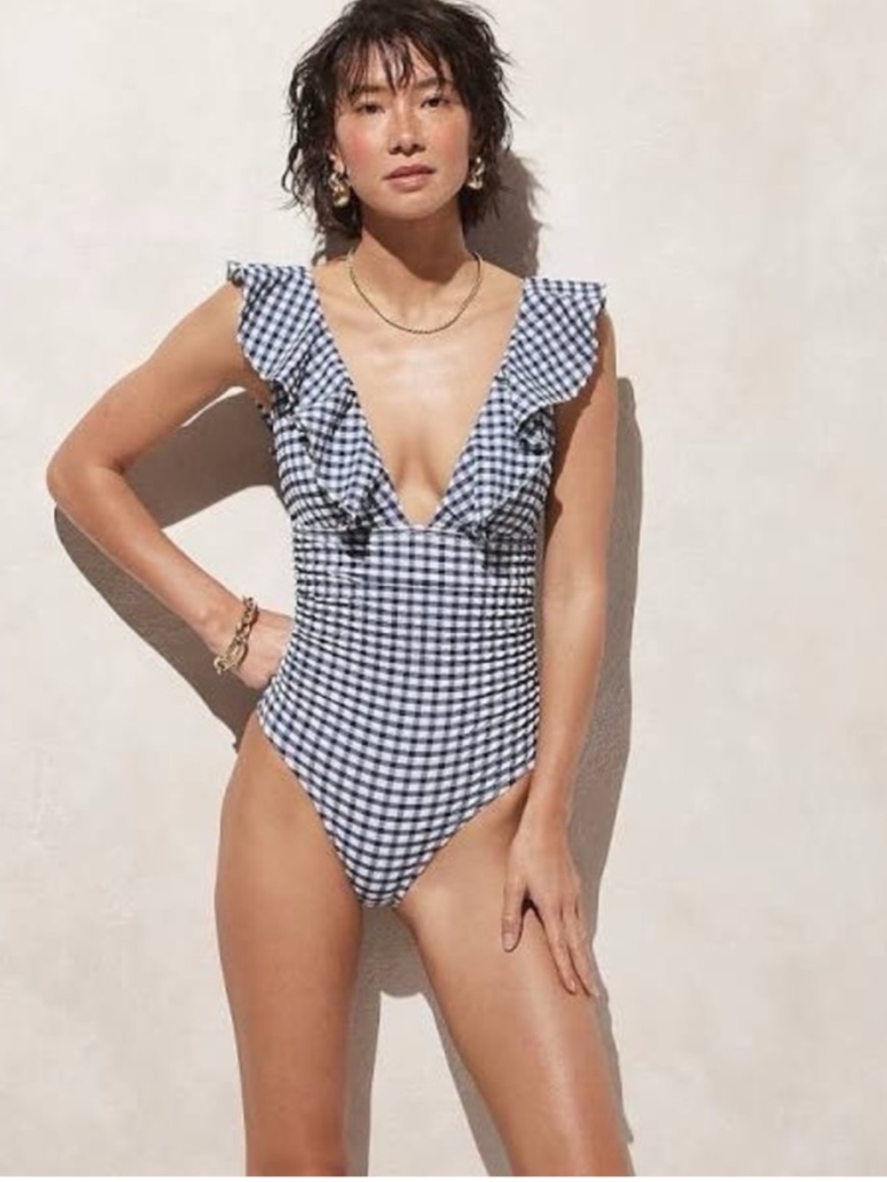 J. Crew Ruffle Gingham Plunge V-Neck One Piece Swimsuit in Navy Blue Size 0